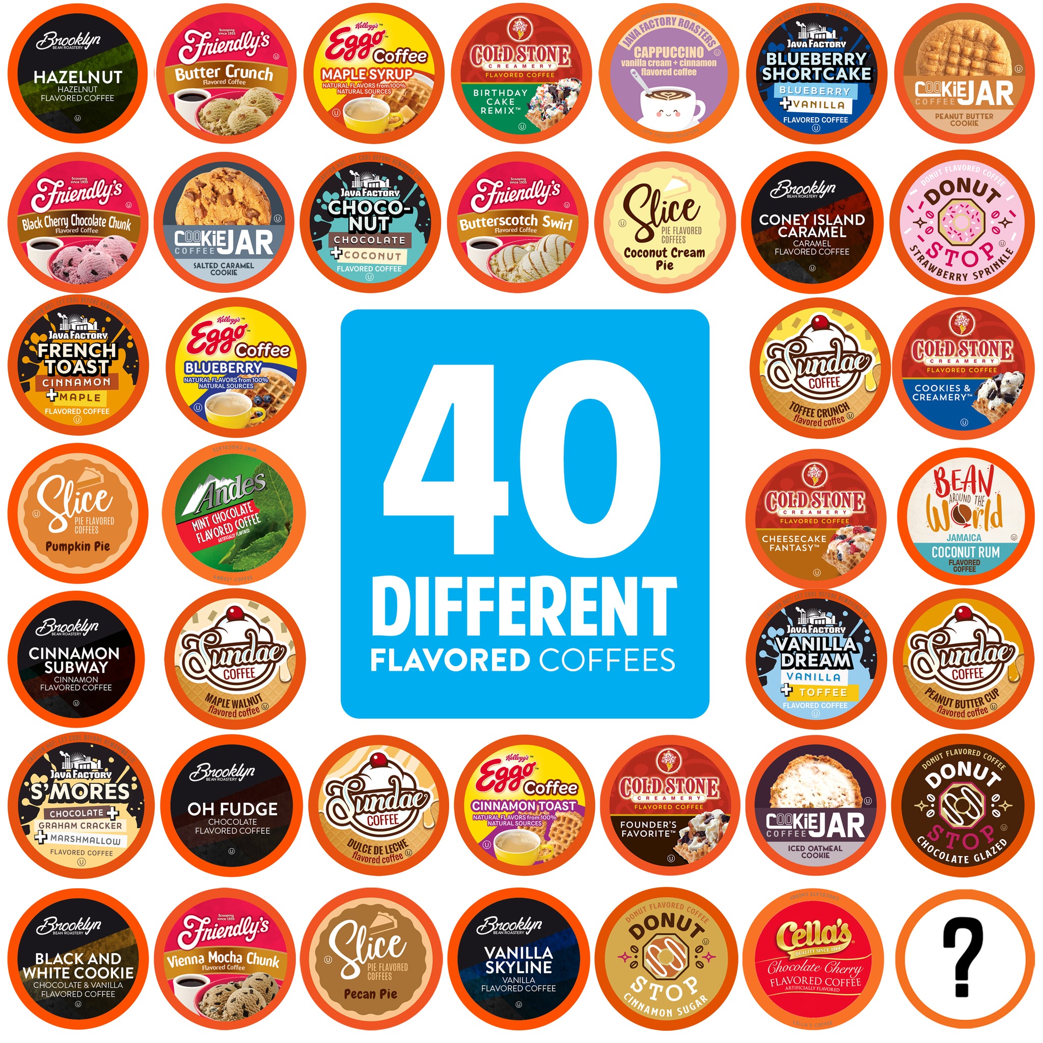 40 Different Flavored Coffees. A photograph of different coffee lids that come in the Flavored Variety Pack. Some Brands include: Friendly's, Eggo, Cookie Jar, Donut Stop, Andes, Cellas, Brooklyn and Java Factory. There is one mystery pod. 