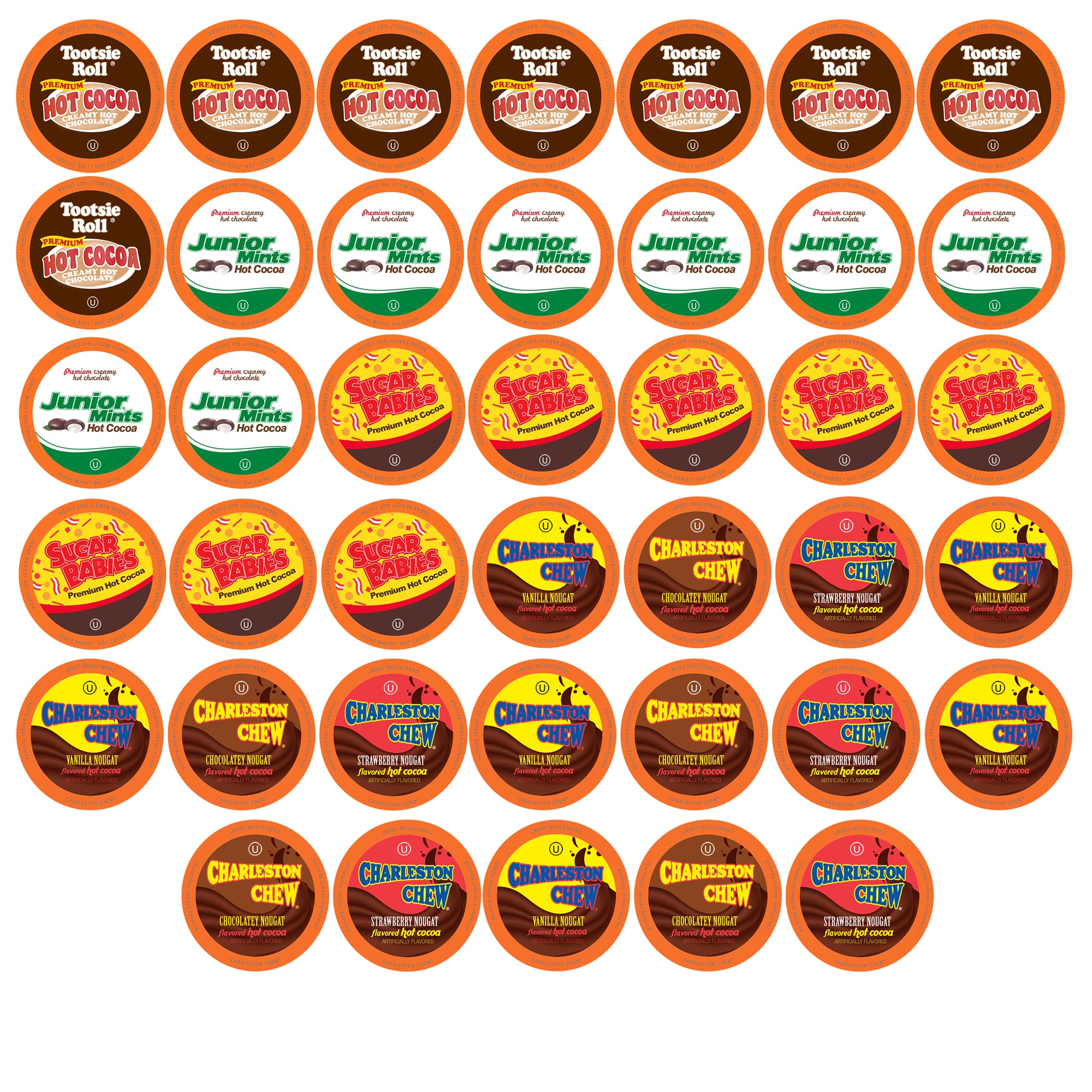 Candy Flavored Cocoa Hot Chocolate Pods - Tootsie Roll, Junior Mint, Sugar Babies, & Charleston Chew Variety Pack